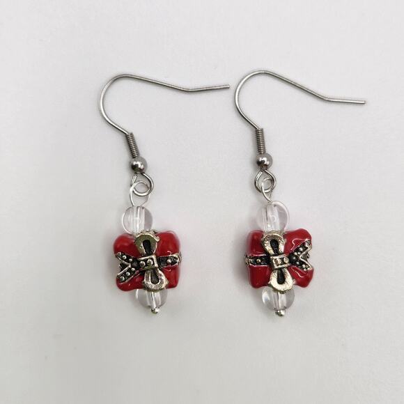 Handmade Red Present Earrings with Crystal – 1.5" Dangle - Picture 8 of 9